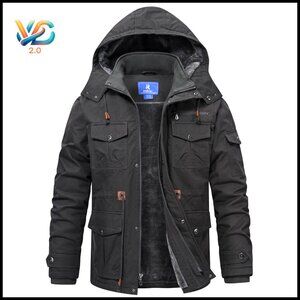 Men's Fleece Lined Military Jacket with Hood, 9 Pockets, Windproof Winter Coat